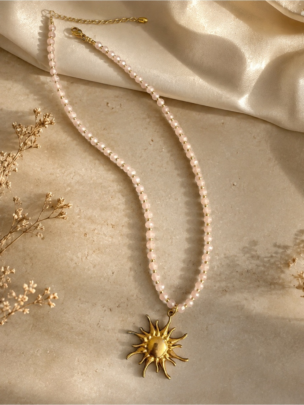 Gold Sun Pendant Necklace with Pale Pink Beads - Picture 3 of 4